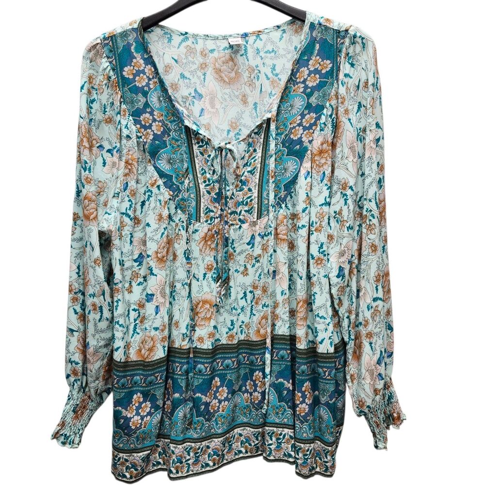 Brown Coco Peasant Top Womens 1XL Green Blue Tan Front Ties Smocked Cuffs Boho